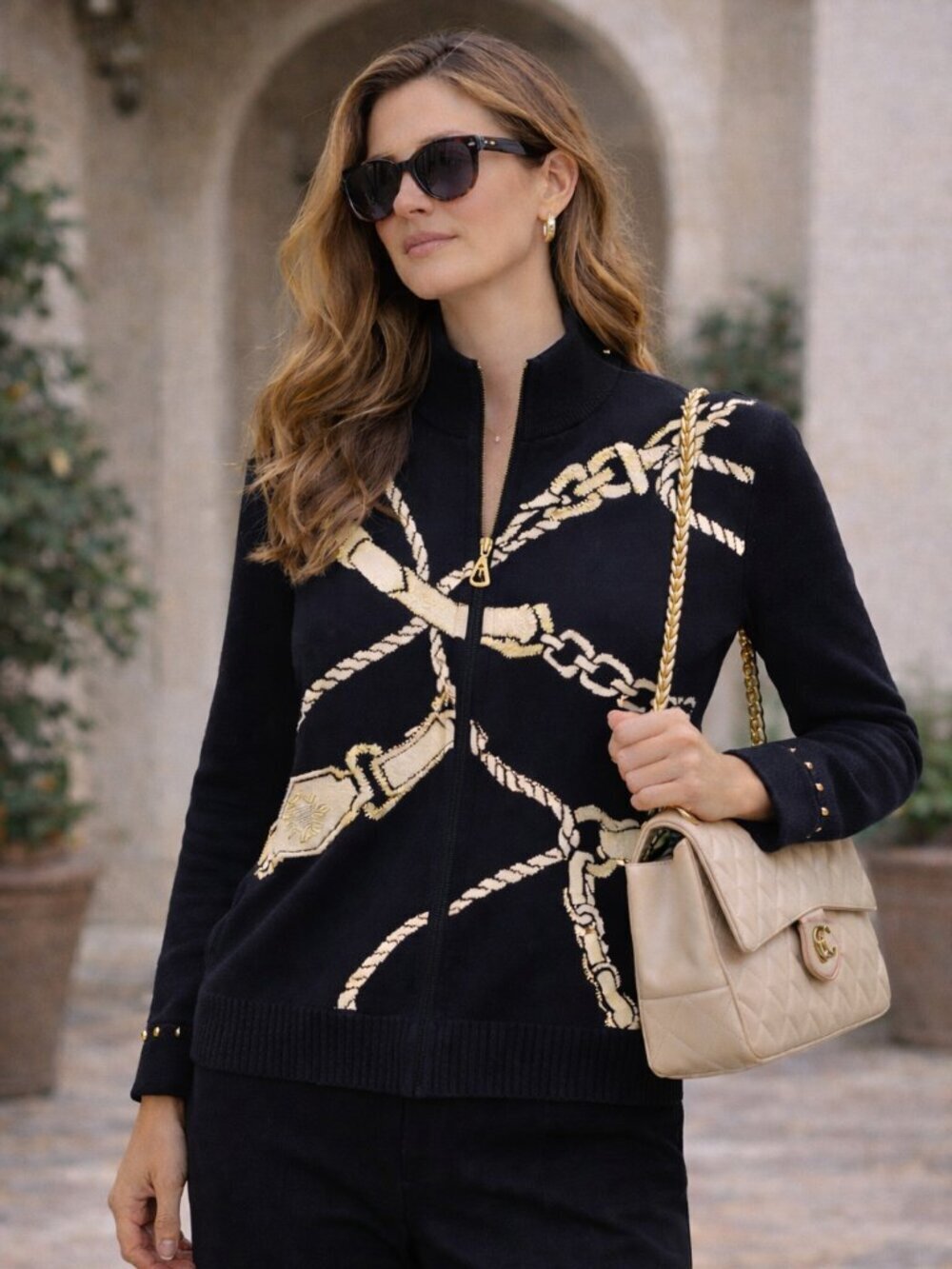 St. John Collection Santana Knit Jacket Black  Chain Print Zip Mock Neck Size 4
